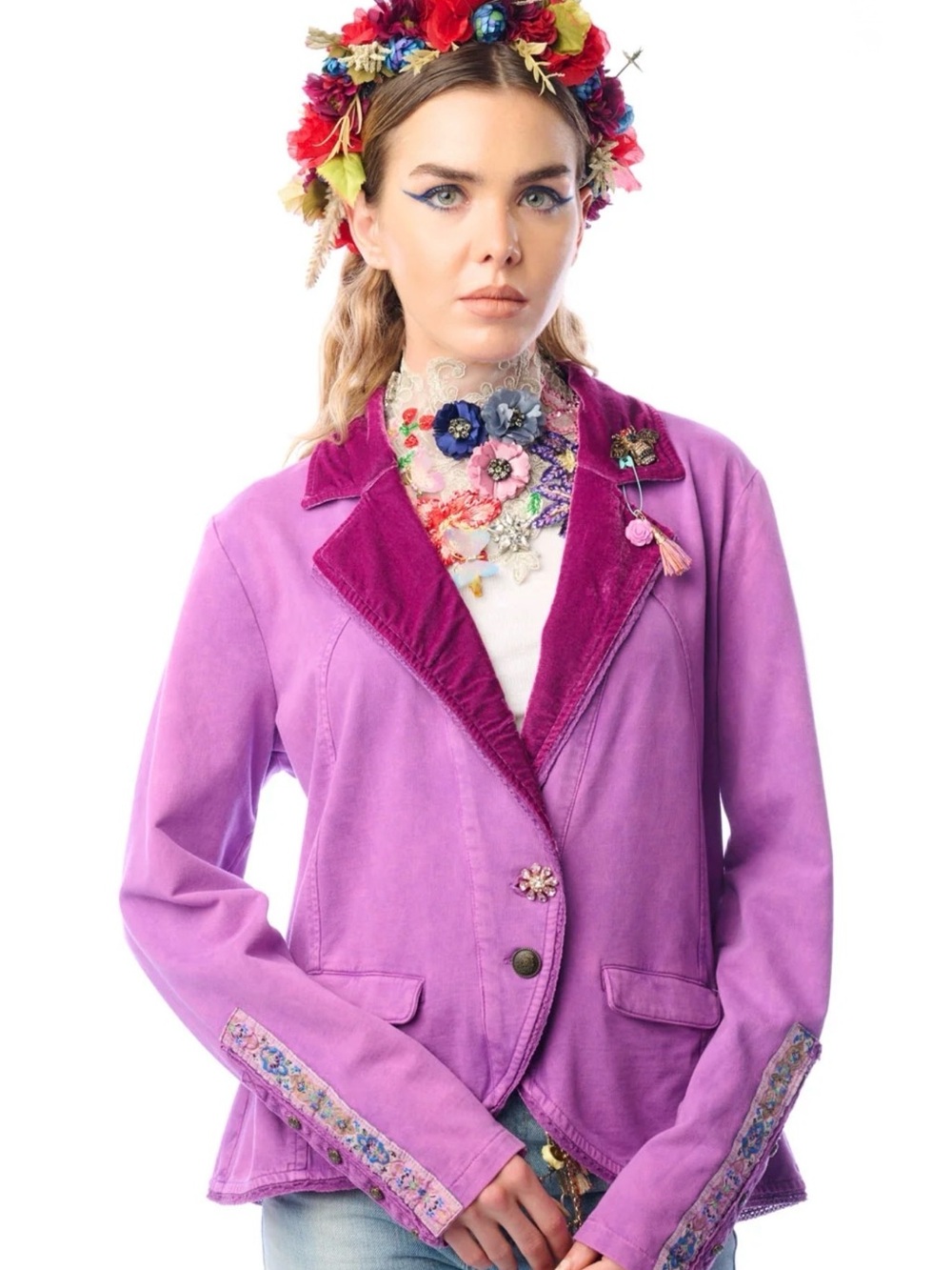Aratta Colonel Velvet-Trim Blazer Jacket in Violet #boho #cottagecore #tailored - Picture 2 of 8